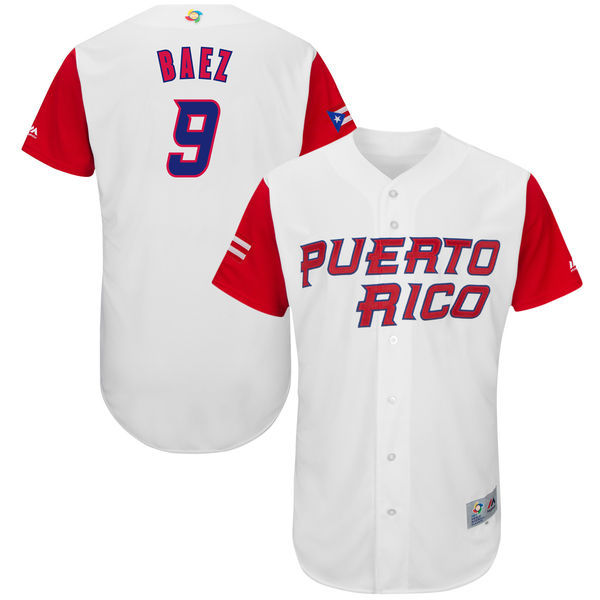 customized Men Puerto Rico Baseball #9 Javier Baez Majestic White 2017 World Baseball Classic Authentic Jersey